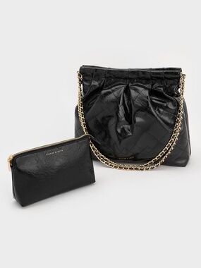 NWT Charles Keith Duo Double Chain Hobo Bag - Black